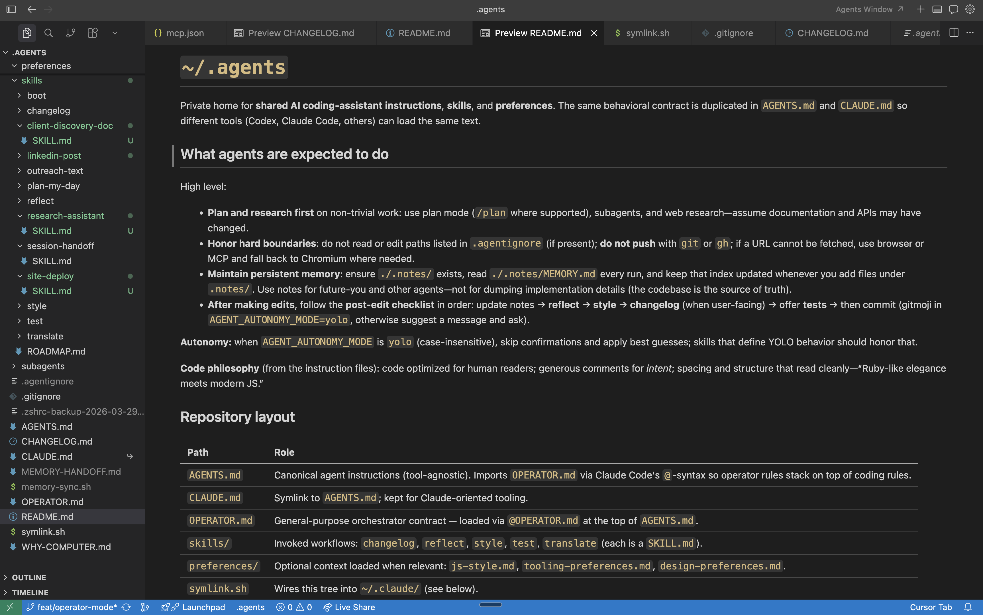 The .agents repository in VS Code showing AGENTS.md handbook, skills directory, and memory system