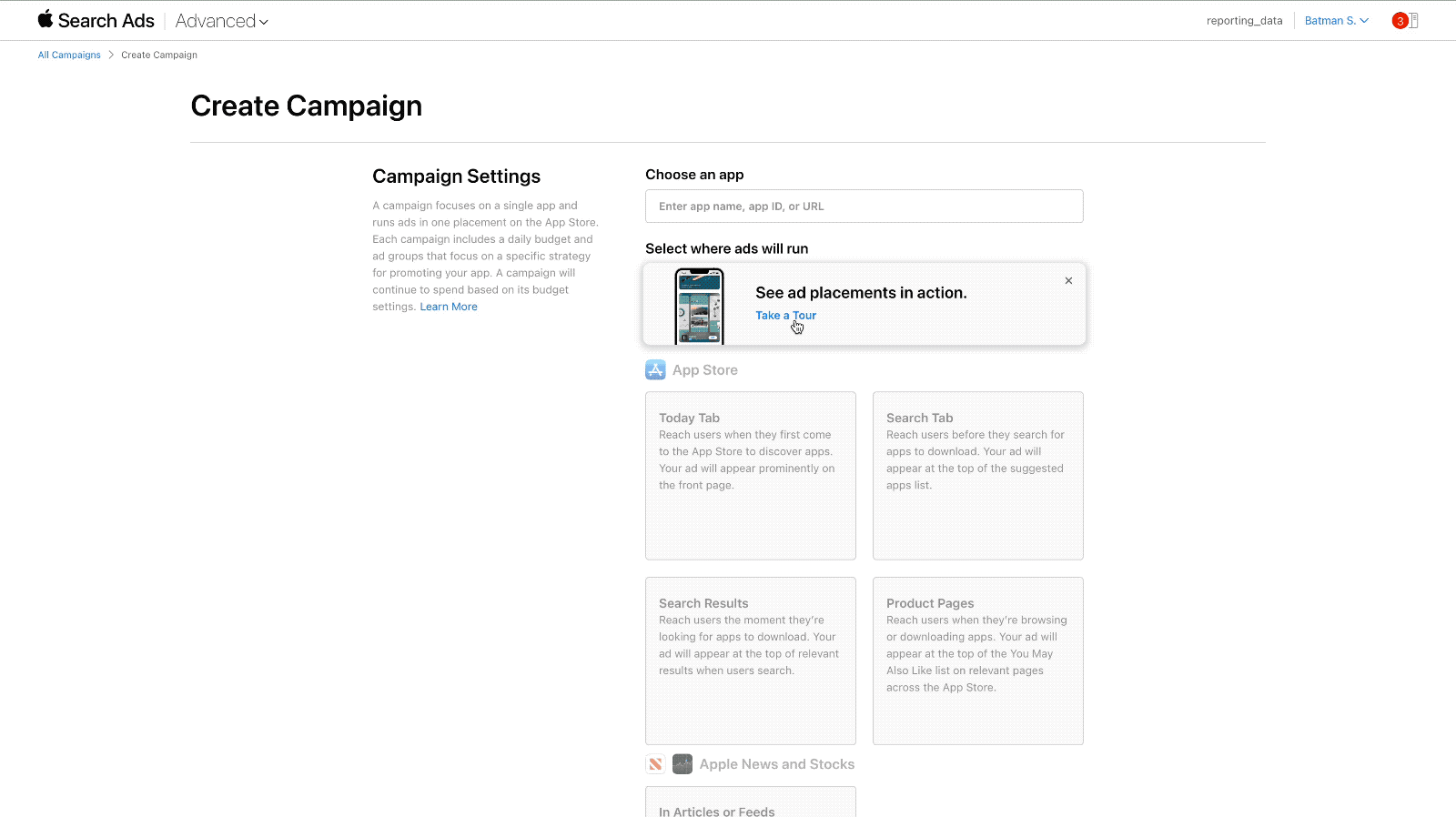 The educational modal opening into a carousel of App Store ad placements, inside the Apple Search Ads booking flow
