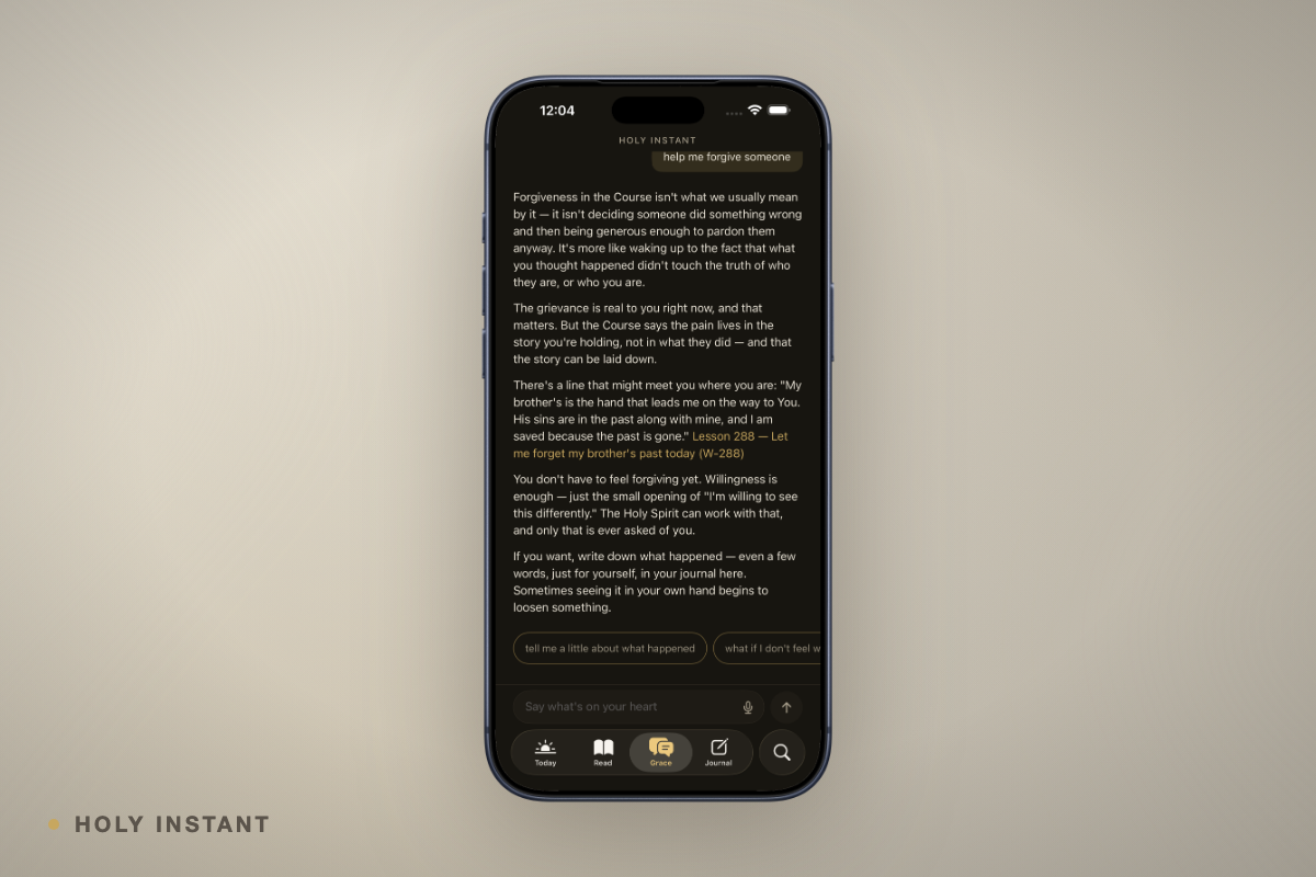 Holy Instant on iPhone showing the Grace companion in a framed product preview.