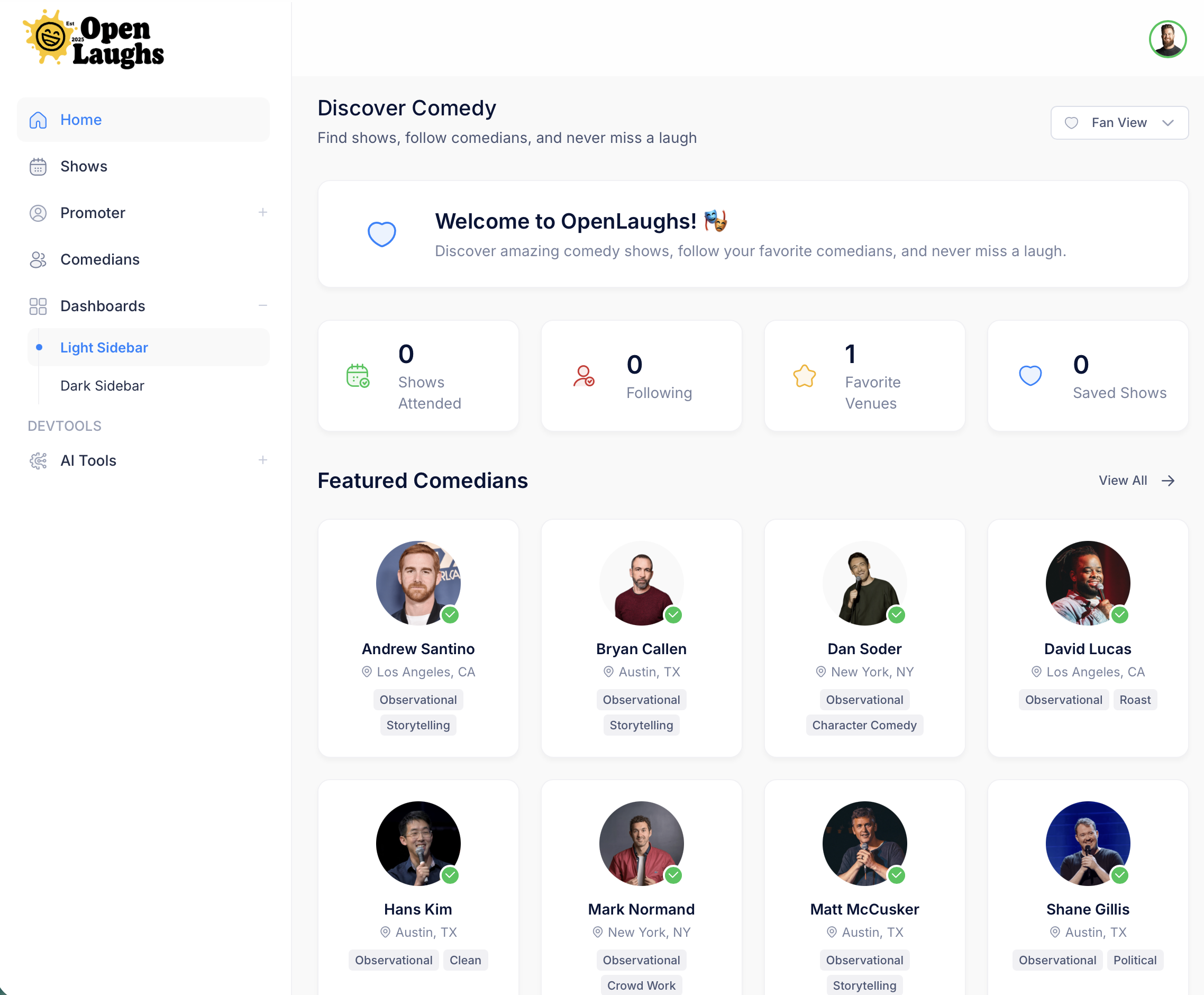 OpenLaughs fan dashboard showing featured comedians, show discovery, and venue browsing across Austin