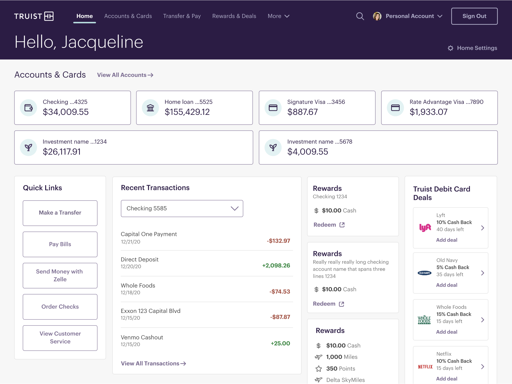 Truist consumer banking dashboard with account cards, recent transactions, rewards, and Truist Debit Card Deals — designed and built during the BB&T + SunTrust merger